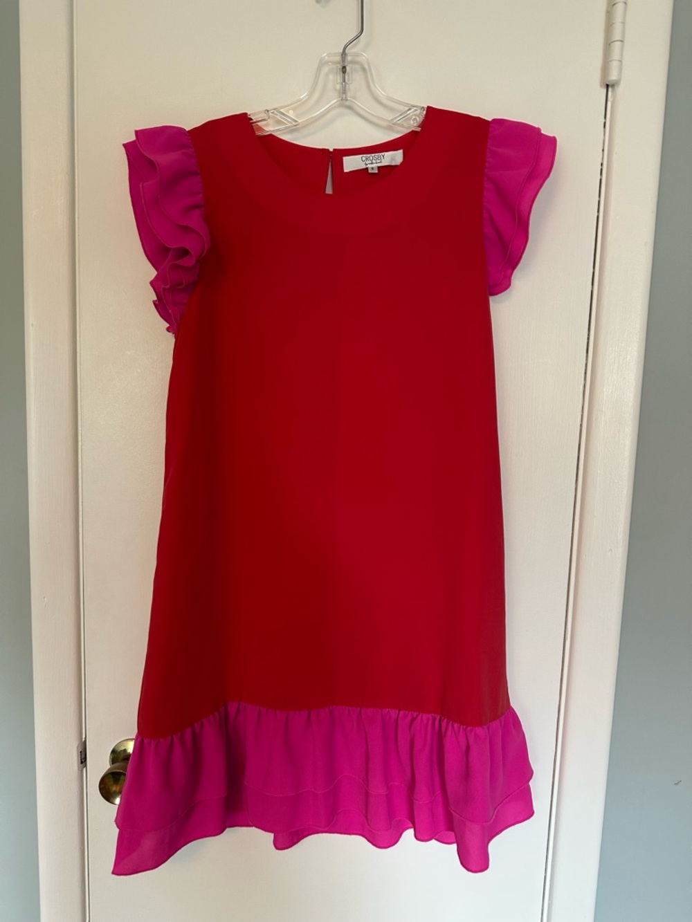 CROSBY by Mollie Burch Red Shift Dress with Pink Ruffle Sleeves and Hem